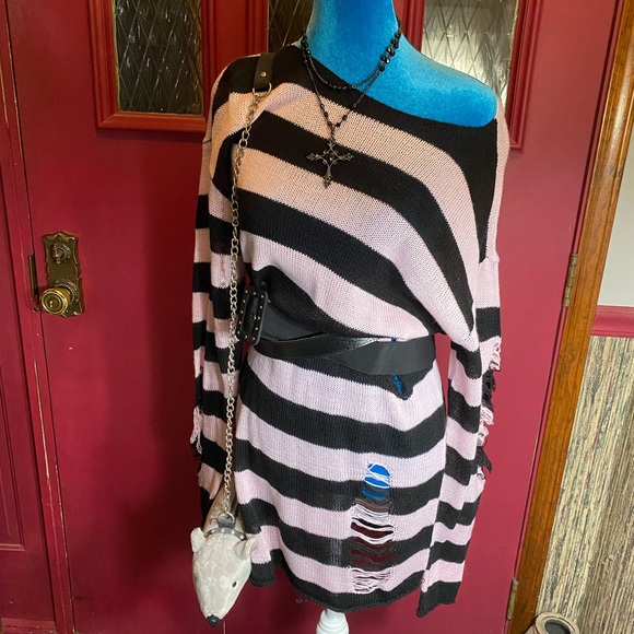 Striped Black and Pink Women's Sweater - Picture 1 of 4